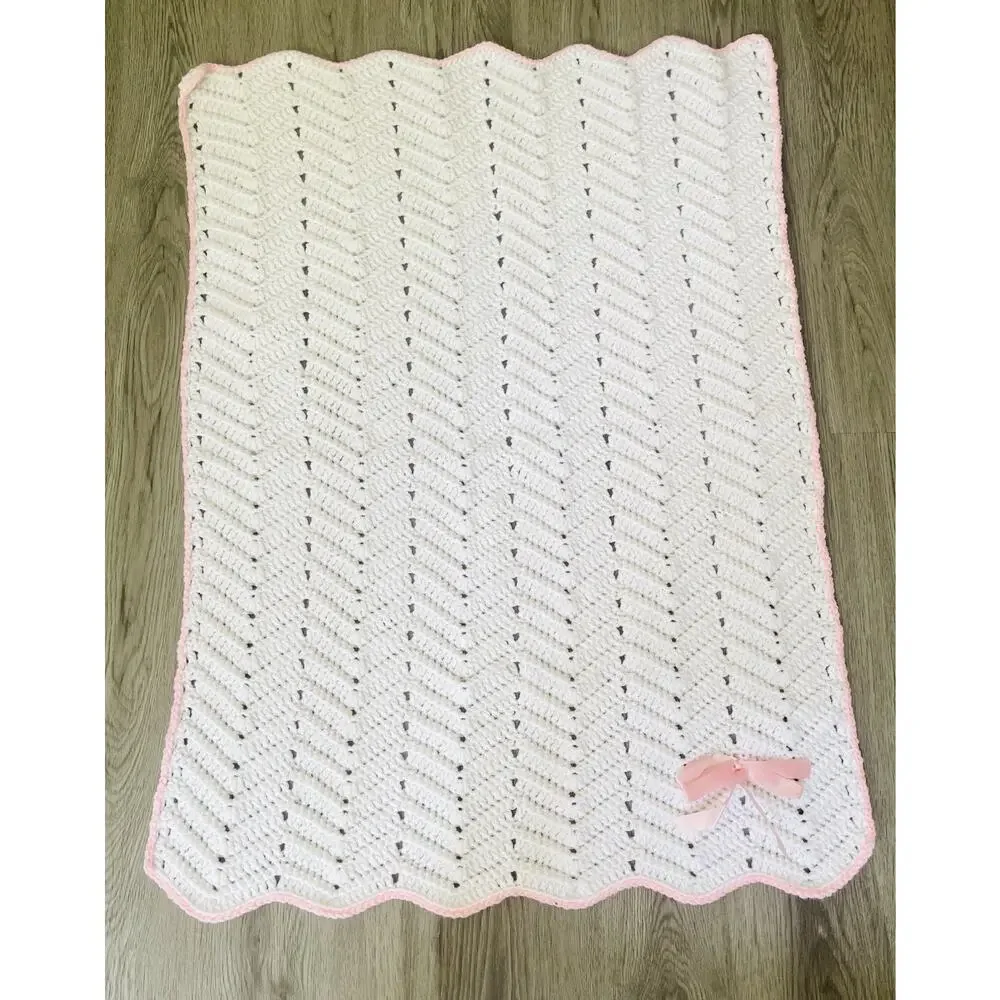 Vintage Crotchet Baby Crib Blanket Handmade White & Pastel Pink Satin Ribbon Bow